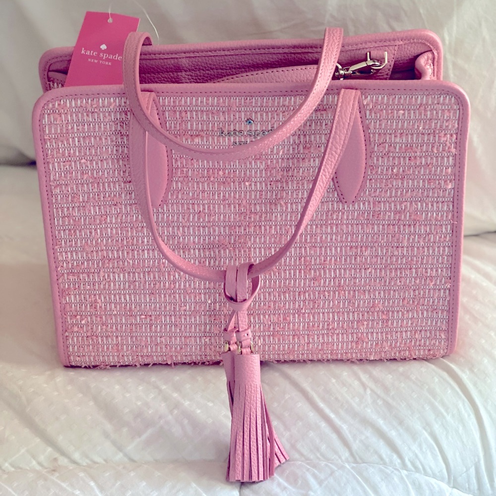 Kate Spade Rowe Tweed Medium Zip Top Satchel Purse in Pink Multi
